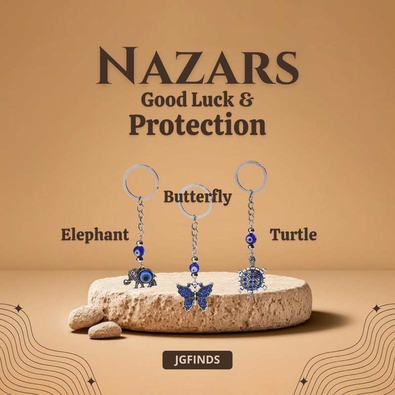 JGFinds Nazars Evil Eye Key Chain Set 3 Pack Turtle, Butterfly and Elephant with Bead for Protection on Keychain - Good Luck Pocket Charm for Women, Spiritual Animal - Image 2